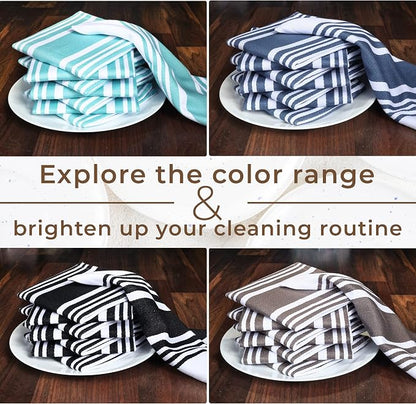 Urban Villa Cotton Dish Cloth Set of 8, Highly Absorbent Super Soft Quick Drying 12x12 Inch Dish Cloths for Kitchen Cleaning & Drying Dishes Mitered Corner Trendy Stripes Kitchen Towels - Grey/White