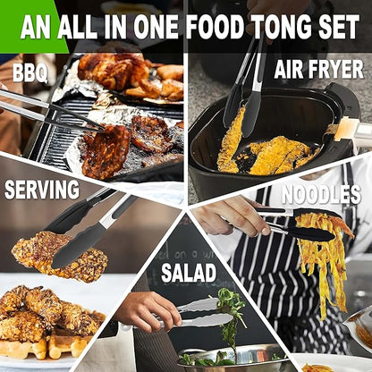 Anaeat Non-Stick Silicone Locking Tong Set of 3 - Stainless Steel 7, 9 and 12 inch Kitchen Food Tongs with Non-Slip Silicone Tips and Grip for Cooking, Baking and BBQ - Heavy Duty & Heat Resistant
