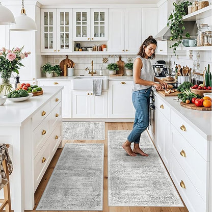 Washable Non-Slip 3 Piece Kitchen Rugs Set – Modern Boho Low-Pile Area Rugs and Runner for Entryway Bathroom Hallway – Decorative Small Indoor Rugs (Grey Ivory, 2x3+2x4+2x5)