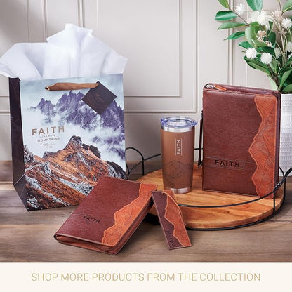 Christian Art Gifts Large Premium Stainless Steel Vacuum Sealed Insulated Travel Mug Tumbler for Men & Women: Faith Inspiring Mountain Theme, Leak-Proof Retractable Lid, All Day Hot/Cold, Brown, 18 oz