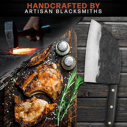 Kitchen perfection Handmade Meat Cleaver Knife for Meat Cutting - Professional 7" Serbian Chef Knife Made of High Carbon Steel Hand Sharpen Butcher Knife with Leather Sheath, Unique Gifts for Men
