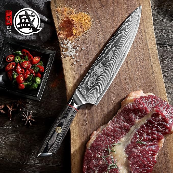 MITSUMOTO SAKARI 8 Inch Japanese Chef Knife, AUS-10 Japanese Gyuto High Carbon Steel Core Gyuto Knife, Hand Forged Professional Kitchen Knife, Sandalwood Box for Family & Restaurant