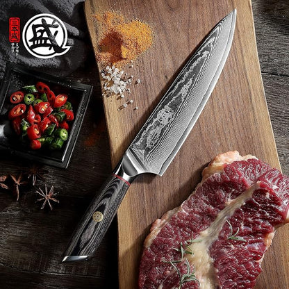 MITSUMOTO SAKARI 8 Inch Japanese Chef Knife, AUS-10 Japanese Gyuto High Carbon Steel Core Gyuto Knife, Hand Forged Professional Kitchen Knife, Sandalwood Box for Family & Restaurant