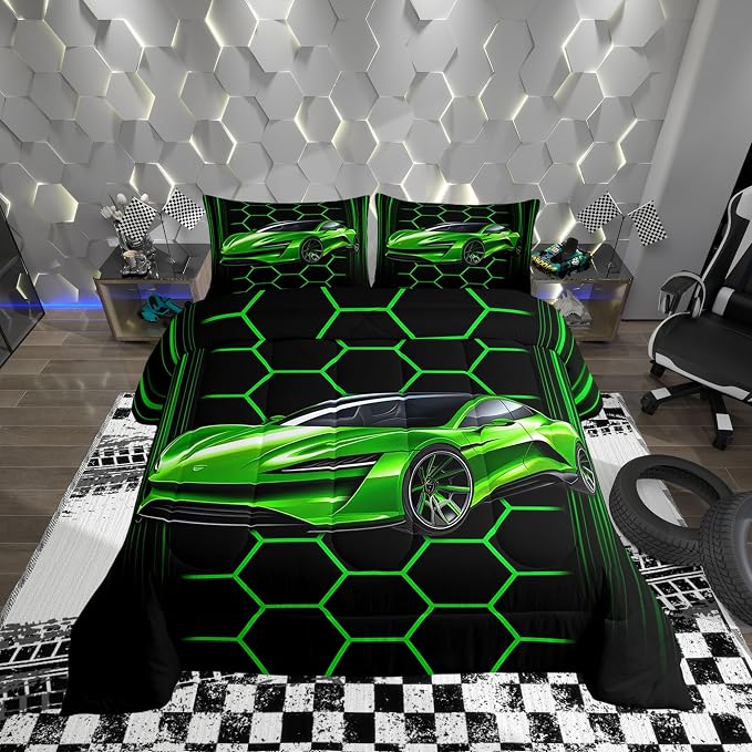 Manfei Honeycomb Geometric Boys Girls Comforter Set Full Size,Racing Car Theme Duvet Set Teens Bedroom Decor,Extreme Sports Microfiber Soft Bedding