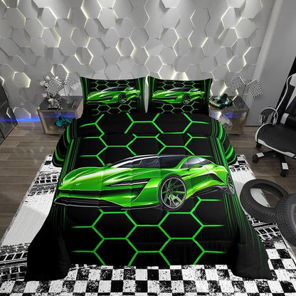Manfei Honeycomb Geometric Boys Girls Comforter Set Full Size,Racing Car Theme Duvet Set Teens Bedroom Decor,Extreme Sports Microfiber Soft Bedding