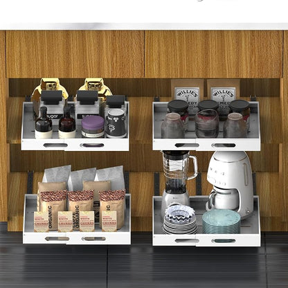 Expandable Pull Out Cabinet Organizer 17" Deep, Adhesive Pull Out Drawers For Cabinets 13.4"W - 19.7"W，No Drill Pull Out Cabinet Organizer Expandable, Expandablet Drawer For Kitchen, Pantry, Bathroom