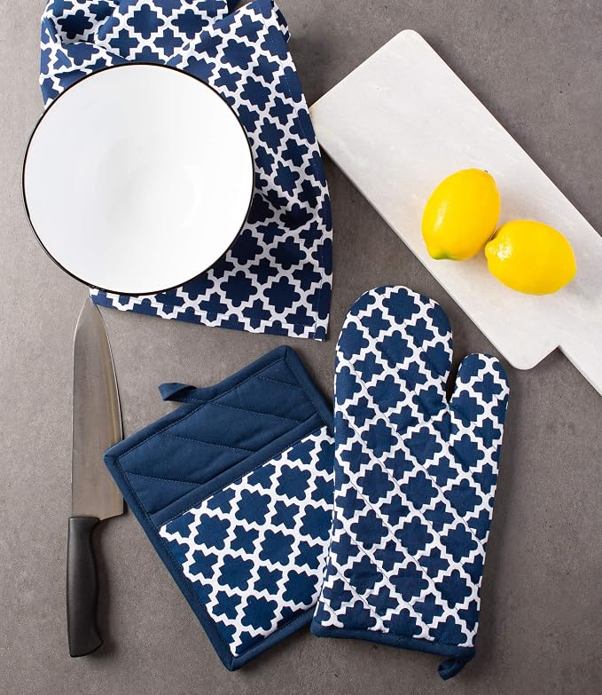 DII Lattice Basics Collection Kitchen Essentials, Oven Mitt & Potholder Set, Nautical Blue, 2, Piece