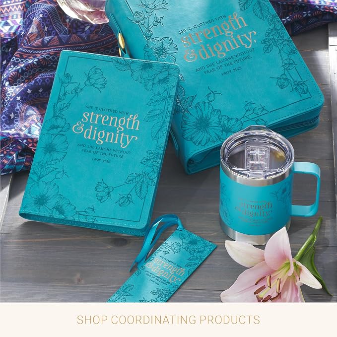 Christian Art Gifts Stainless Steel Double Wall Vacuum Insulated Camp Style Travel Mug 11 oz Floral Teal Coffee Mug with Lid and Handle for Women - Strength and Dignity - Proverbs 31:25