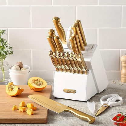 McCook® Kitchen Knife Sets, Golden Titanium Stainless Steel Knives Block Set with Built-in Sharpener, 20 Piece Knives, Restaurant Grade Sharp, Elegant Gold & Stylish Wooden Block for Modern Culinary