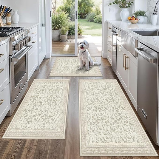 Kitchen Rug Sets 3 Piece, Washable Non-Slip Farmhouse Kitchen Mats for Hardwood Floor, Rustic Floral Boho Runner Rug for Sink,Entryway & Hallway & Bathroom (Beige/Floral,2x3-2x4-2x5)