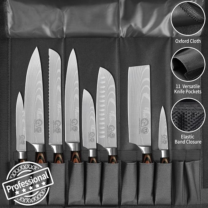 XYJ Stainless Steel Kitchen Knives Set 8 Piece Chef Knife Set with Carry Case Bag & Sheath Well Balance Ergonomic Handle