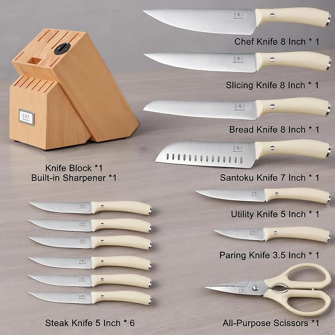 WANGMAZI Knife Block Set, 15 Pcs High Carbon Stainless Steel Knife Set, Dishwasher Safe Cutlery, Kitchen Knife Set with Blades, Ideal Home Cooking Gift for Women, Natural