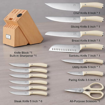 WANGMAZI Knife Block Set, 15 Pcs High Carbon Stainless Steel Knife Set, Dishwasher Safe Cutlery, Kitchen Knife Set with Blades, Ideal Home Cooking Gift for Women, Natural