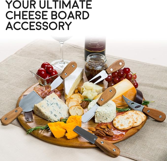 Harvest 6-Piece Cheese Knife Set (Gift-Ready) - Premium Stainless Steel Cheese Knives with Rivets, Full Tang Blades and Teak Wood Handle Charcuterie Board Accessories w/ 15 Festive Recipes