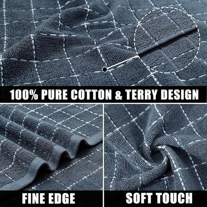 Mordimy 100% Cotton Terry Cloth Kitchen Towels, Super Soft and Absorbent Dish Towels for Drying, Checkered Designed Hand Towels for Kitchen, 13 x 28 Inches, 4 Pack, Grey