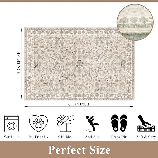 Washable 4x6 Kitchen Rug Non-Slip – Soft Stain-Resistant Low-Pile Indoor Floor Mat for Entryway Bedroom Living Room – Vintage Accent Area Rug (Beige, 4x6)