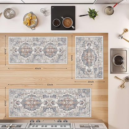 Washable Kitchen Rug Set of 3: Boho Non-slip Soft Stove Sink Mat Light Weight Stain Resistant Carpet for Dog Bowl Area Comfort Tile/Hardwood Floors Protection Mat for Entryway Foyer(2x3+2x4+2x5,Brick)