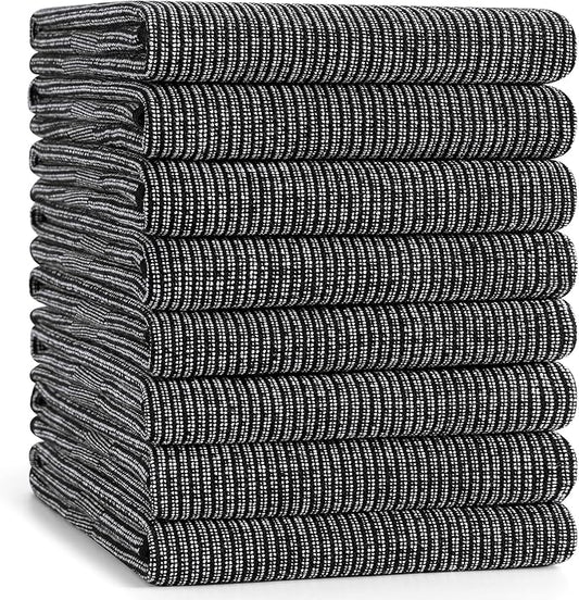 Mordimy Premium Kitchen Towels 8 Pack (18 x 28 Inches, Black), Large Cotton Kitchen Hand Towel, Flat & Terry Dish Towels for Drying Dishes, Super Absorbent Tea Dishtowels Set with Hanging Loop