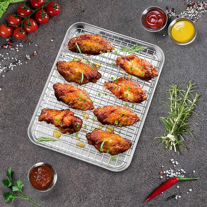 P&P CHEF 10.4 Inch Toaster Oven Pan with Rack Set, Stainless Steel Baking Pan Tray and Grid Cooling Rack for Cooking/Roasting, Dishwasher Safe & Easy to Clean, Non-toxic & Sturdy, (4Pcs)