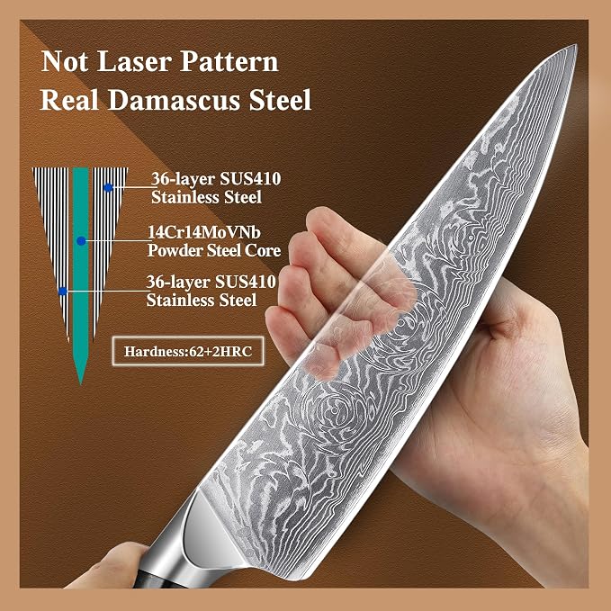 8 inch Japanese Damascus Chef Knife, Damascus Chefs Knife Kitchen Knives for All-Around Food Preparation, Japanese Super Steel Sharp Chef's Knives, Professional Resin Handle Chef Knife
