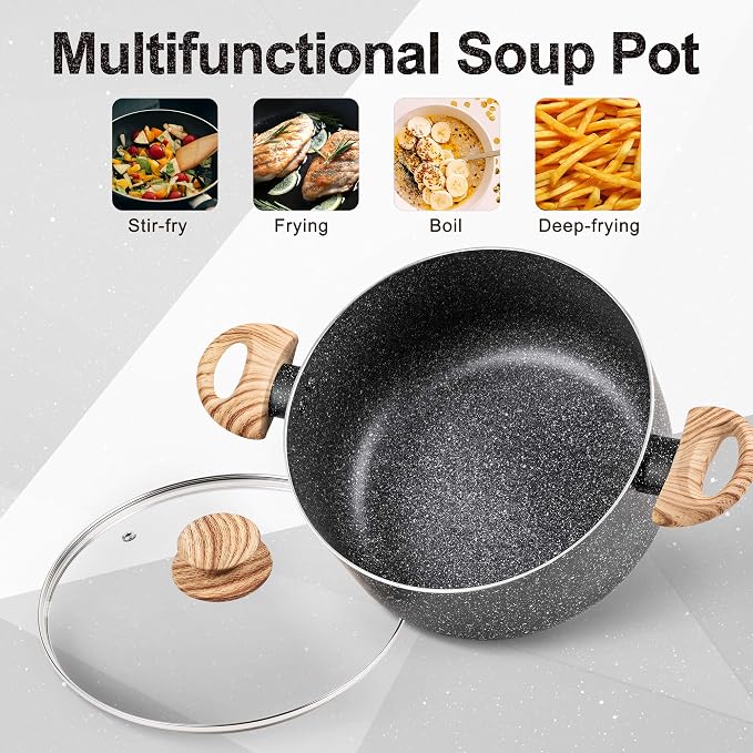 MICHELANGELO Stock Pot with Lid, 5 Quart Cooking Pot Nonstick, Granite Soup Pots with Lid, Induction Pot with Stay-cool Handle, 5 Qt Stockpot Non Stick Pots Black