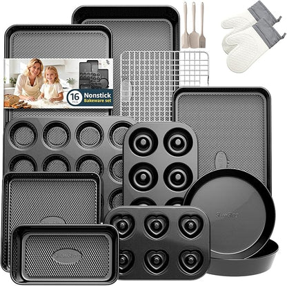 16-Piece Baking Pan Set, Nonstick Bakeware Set with Rack, Oven Mitts, Donut Pan, and Heart Pan, Stackable Carbon Steel Baking Set with Kitchen Utensils, Black
