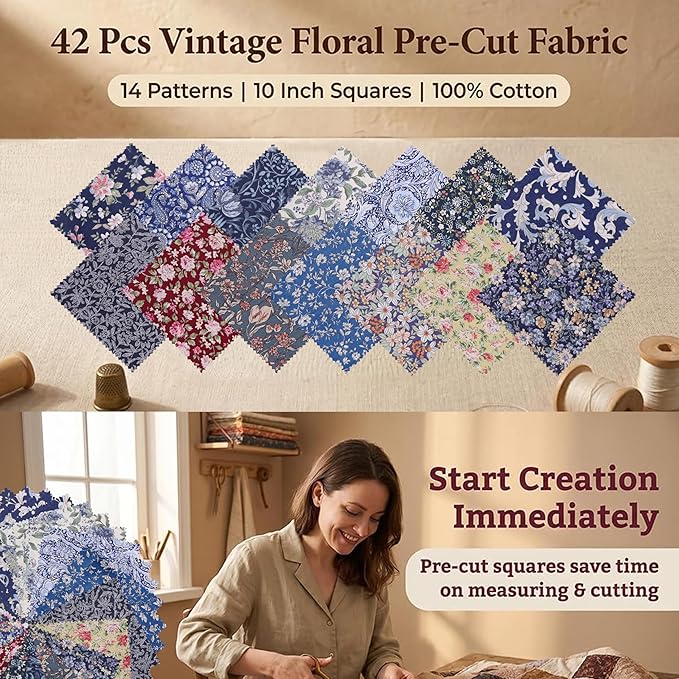 Nodsaw 42Pcs 10-inch Layer Cake Fabric, Vintage Floral Paisley Print 10x10 Cotton Fabric Squares, Layer Cakes 10 inch Squares for Quilting, Sewing, Home Décor, Bags, and Crafts