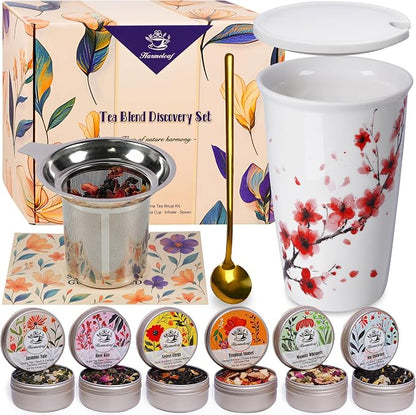 Tea Gift Set for Women - 6 Herbal Loose Leaf Tea Blends, Insulated Ceramic Cup with Infuser & Lid | Birthday, Mother's Day, Anniversary & Retirement Gift for Her