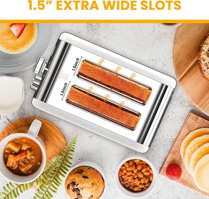 Simple Deluxe 2-Slice Toaster, 3 Function and 6 Browning Setting, Extra Wide Slot & Removable Crumb Tray, for Bread & Waffle, White