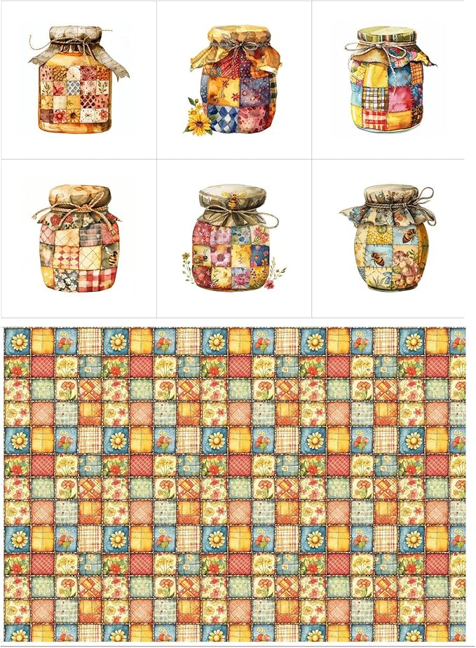 Patchwork Honey Jar Cotton Fabric Panel – 6 Designs (10×10 inch Each) + Bonus Sheet 29.5×19.6 inch, 100% Cotton 140 GSM, Made in Türkiye