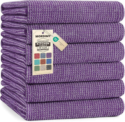 Mordimy Premium Kitchen Towels 6 Pack (18 x 28 Inches, Purple), Large Cotton Kitchen Hand Towel, Flat & Terry Dish Towels for Drying Dishes, Super Absorbent Tea Dishtowels Set with Hanging Loop