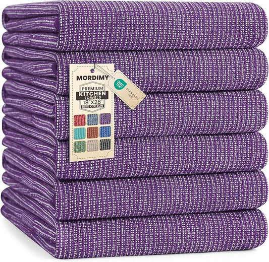 Mordimy Premium Kitchen Towels 6 Pack (18 x 28 Inches, Purple), Large Cotton Kitchen Hand Towel, Flat & Terry Dish Towels for Drying Dishes, Super Absorbent Tea Dishtowels Set with Hanging Loop