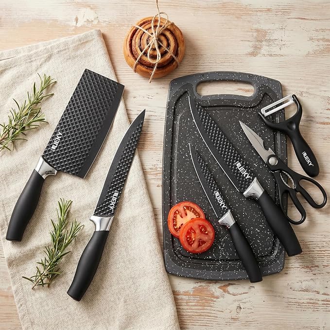 Knife Set, 7 Pieces Kitchen knife Set with Healthy Anti-Rust Coating, Stainless Steel Professional Chef Knife Sets with Elegant Box, Kitchen Knives with Scissors & Peeler & Cutting Board for Cooking
