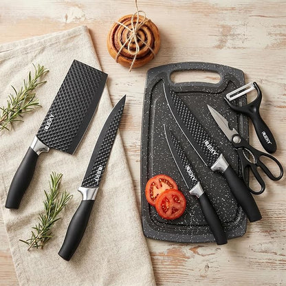Knife Set, 7 Pieces Kitchen knife Set with Healthy Anti-Rust Coating, Stainless Steel Professional Chef Knife Sets with Elegant Box, Kitchen Knives with Scissors & Peeler & Cutting Board for Cooking
