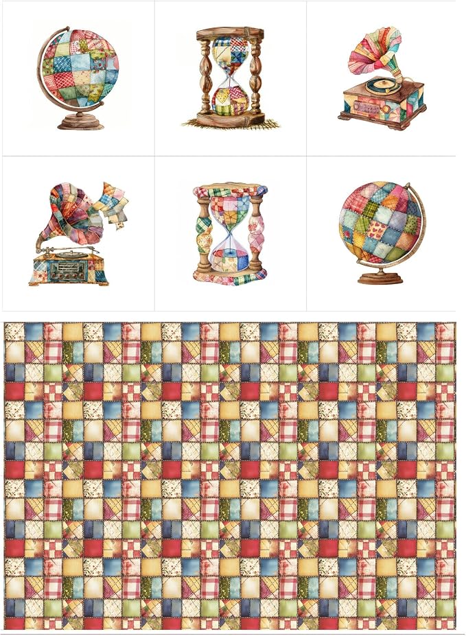 Patchwork Globe Cotton Fabric Panel – 6 Designs (10×10 inch Each) + Bonus Sheet 29.5×19.6 inch, 100% Cotton 140 GSM, Made in Türkiye
