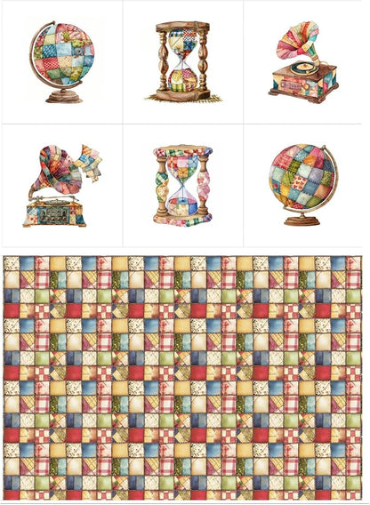 Patchwork Globe Cotton Fabric Panel – 6 Designs (10×10 inch Each) + Bonus Sheet 29.5×19.6 inch, 100% Cotton 140 GSM, Made in Türkiye