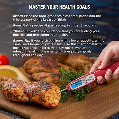 Taylor Digital Instant Read Meat Thermometer for GLP-1 High Protein Meal Prep – Waterproof Kitchen Probe for Chicken, Steak, Lean Cuts, Grill, BBQ – Fast Temperature Check, Blue Backlight Display, Red