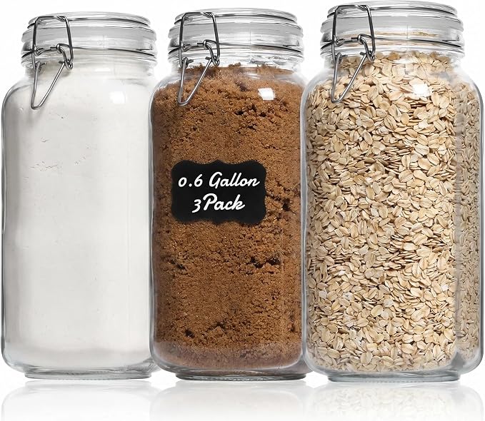 78oz Large Square Airtight Glass Jars with Lids, Wide Mouth Food Storage Canisters, Hold 4lb Sugar or 5lb Rice, Heavy Duty Pantry Containers for Flour, Coffee, Bulk Storage
