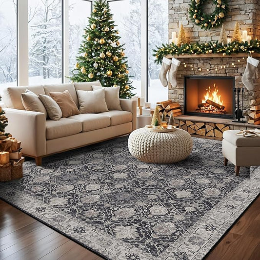 Washable 8x10 Living Room Rug: Vintage Low Pile Water Resistant Area Rug with Non-Slip Backing for Bedroom Dining Room Distressed Carpet for Nursery Indoor Soft Floor Mat for Home Office (8x10 Black)