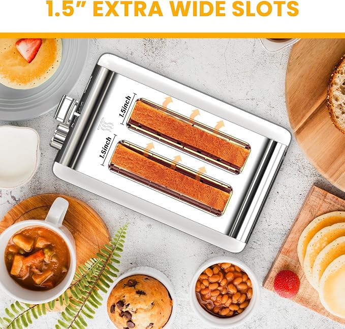 Simple Deluxe 2-Slice Toaster, 6 Browning Setting and 3 Function, Extra Wide Slot & Removable Crumb Tray, for Bread & Waffle, White