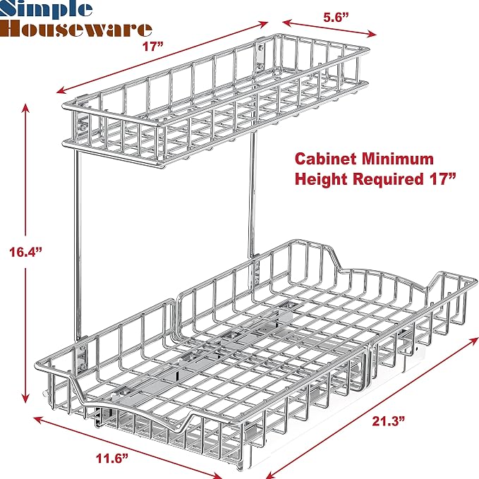 Simple Houseware 2-Tier (L+M) Organizer Pull Out Under Cabinet Sliding Shelf, Chrome