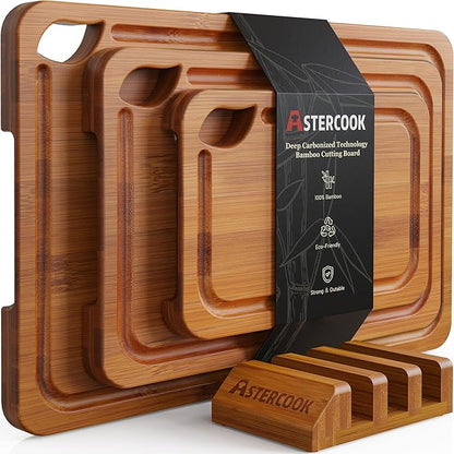 Bamboo cutting board set with Astercook branding on a white background