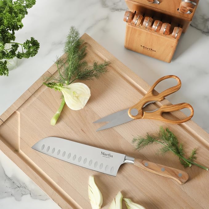 Martha Stewart Austenwood 15-Piece Knife Block Set, German Stainless Steel Kitchen Knives with Forged Italian Olive Wood Handle