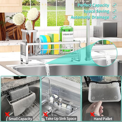 HapiRm Sponge Holder for Kitchen Sink - Self-draining Sink Caddy with Brush Holder and Dishcloth Holder, Stainless Steel Kitchen Organizer - Silver