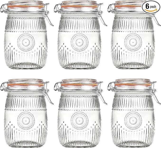 Amzcku Wide Mouth Vintage Mason Jars with Airtight Lid 32oz, Canister Quart Jars for Kitchen Storage - for Coffee, Sugar, Beans 6 Pack