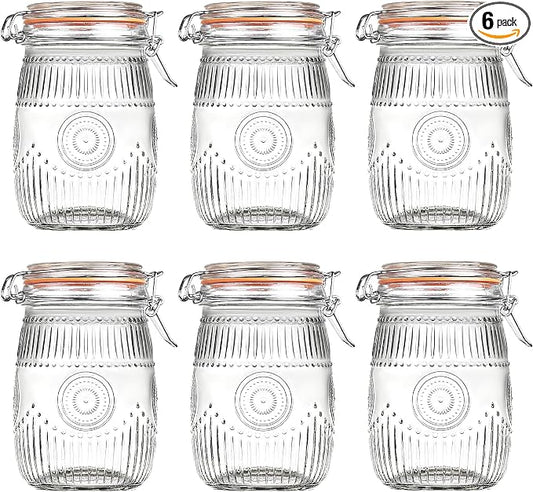 Amzcku Wide Mouth Vintage Mason Jars with Airtight Lid 32oz, Canister Quart Jars for Kitchen Storage - for Coffee, Sugar, Beans 6 Pack