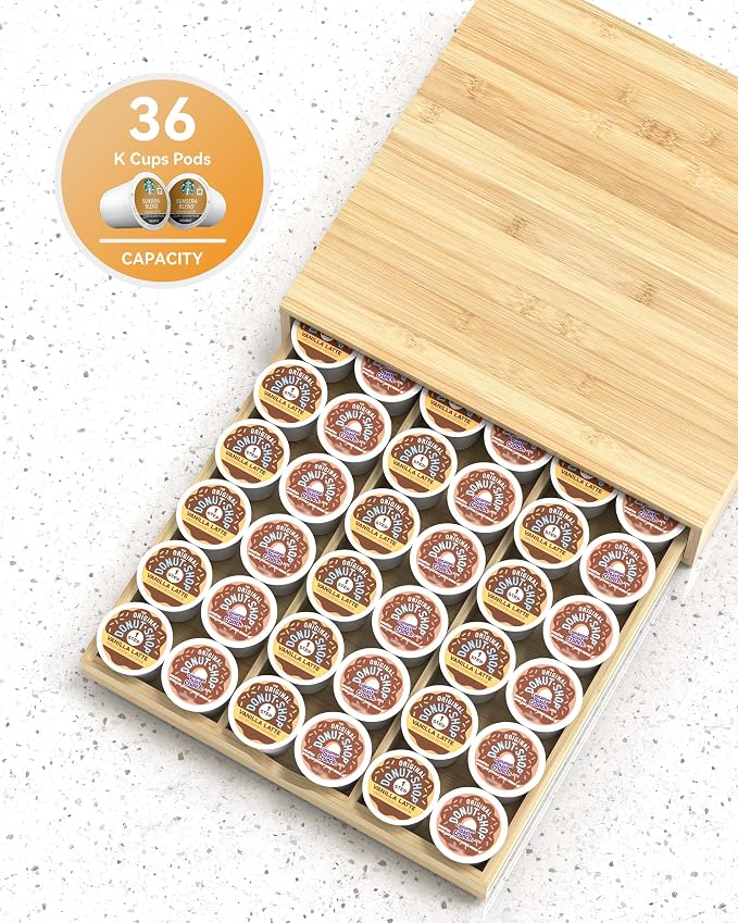 Bamboo Coffee Pod Drawer Organizer Compatible with K-Cups, Under Cabinet Coffee Station Storage Rack, Natural Wood Capsule Holder for 36 Pods, Countertop Coffee Machine Stand