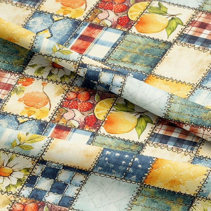 Patchwork Cotton Fabric Panel 61 x 36.6 Inches, Lemon Fruit Quilt Style Pattern, Rustic Blue Yellow Design, 100% Cotton 140 GSM