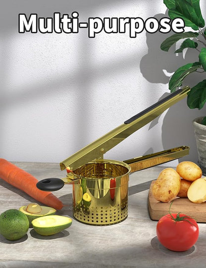 GloTika Large 15oz Potato Ricer, Heavy Duty Stainless Steel Ricer for Mashed Potatoes, Sweet Potato Masher Kitchen Tool with Ergonomic Handle, Press and Mash Kitchen Gadget, Gold