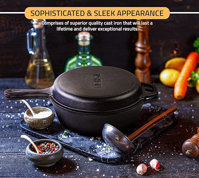 KICHLY Combo Cooker Cast Iron Dutch Oven with Lid 2 in1, Pre-seasoned Multi Cookware Skillet, 3.2QT Cast Iron Pan Dutch Oven Deep Pot with Frying Pan 10.25 Inch, Grill Induction Stovetop Camping
